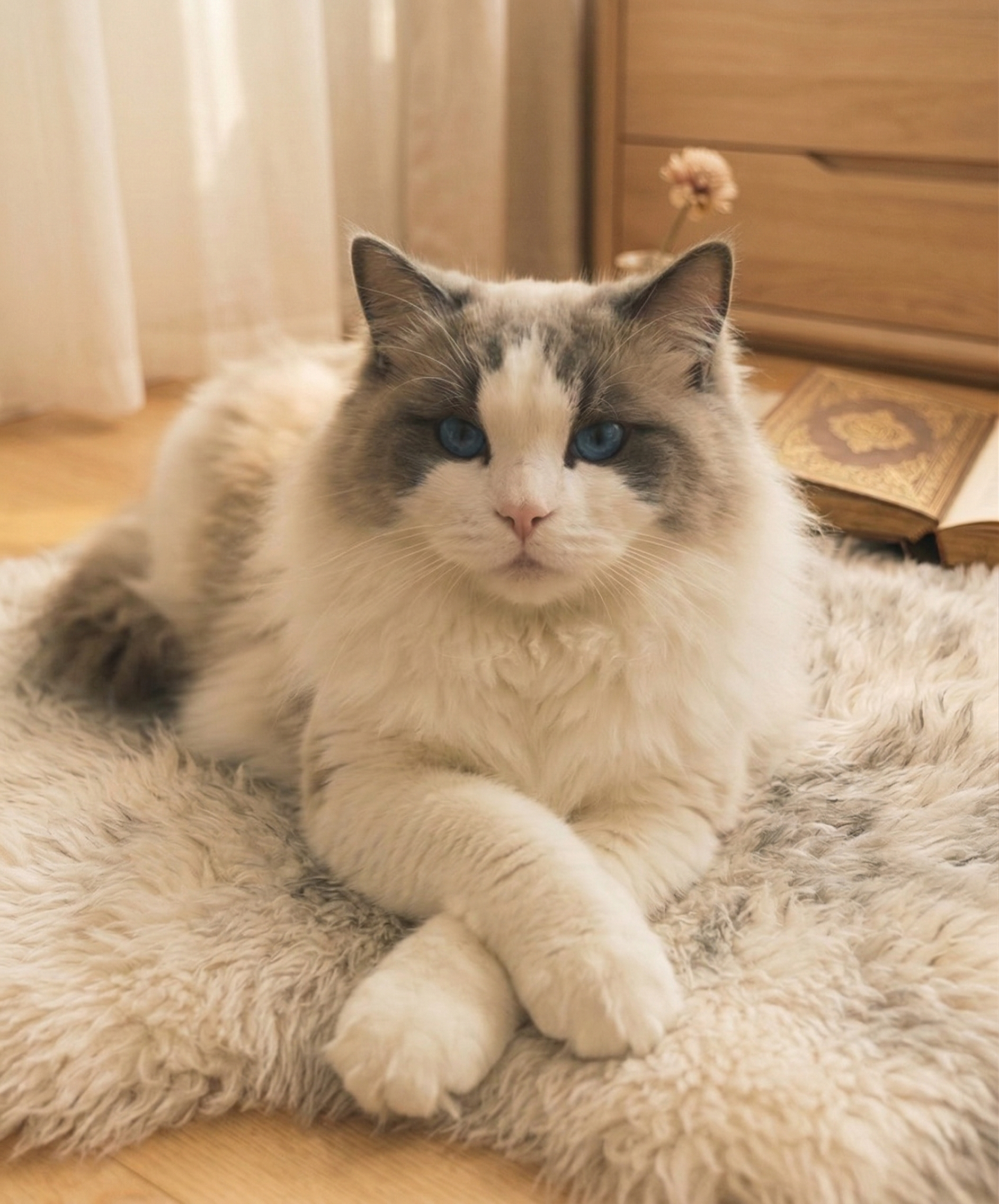 A blue bicolor ragdoll resting on a chair and yawning.