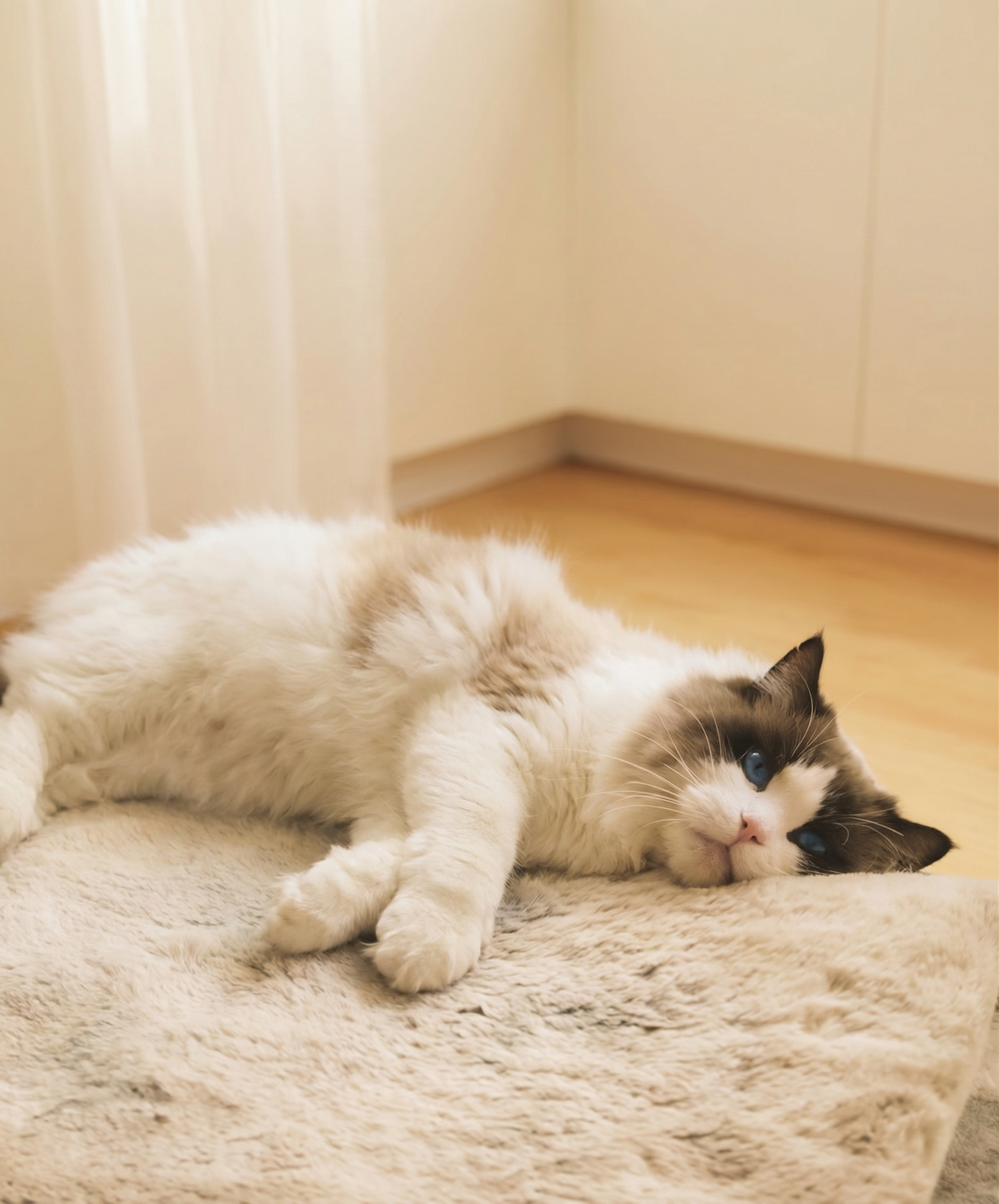 A seal bicolor ragdoll resting by the window on a soft mat.
